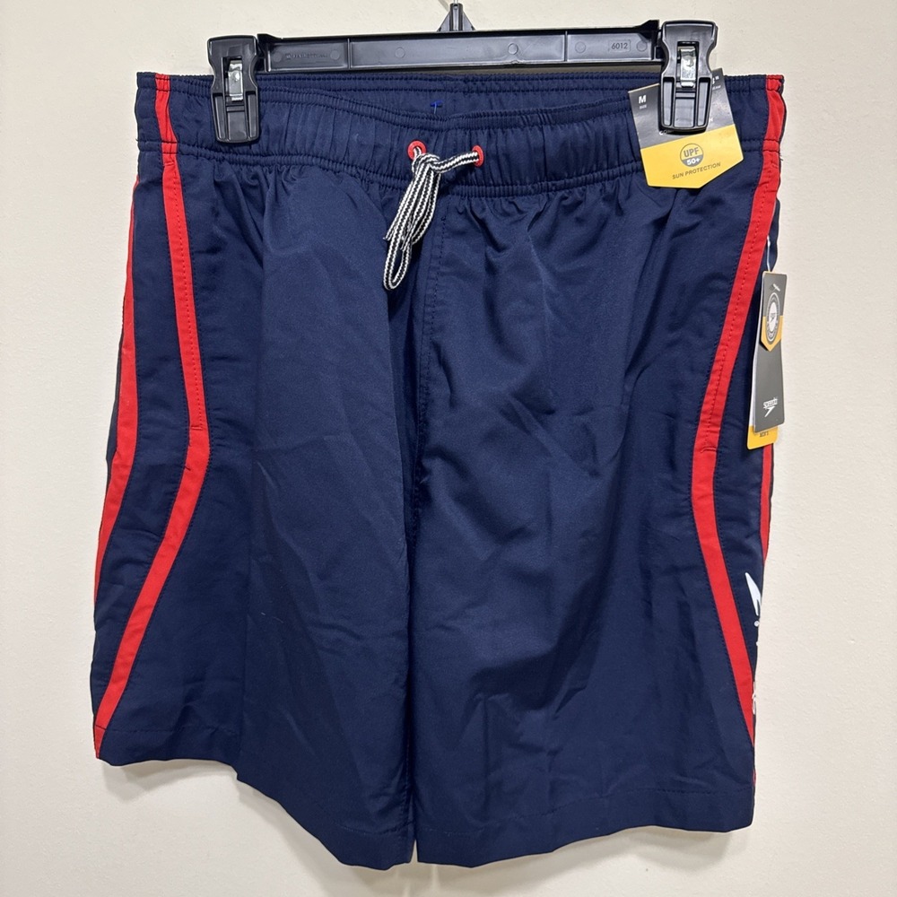 SPEEDO MEN'S SZ MEDIUM PERFORMANCE SWIM SHORTS~NAVY & RED~NWT